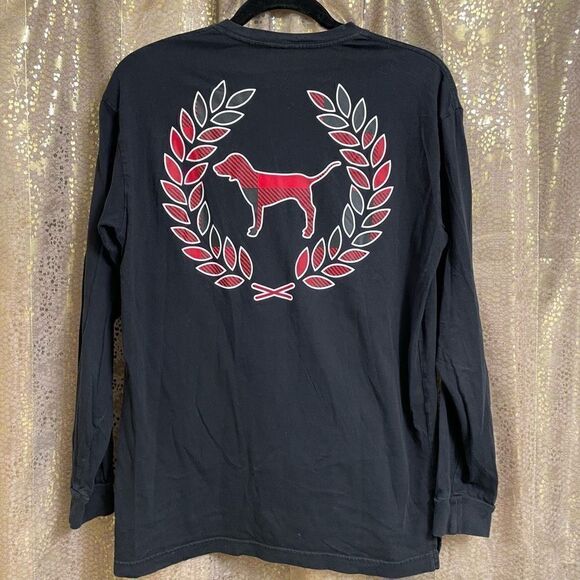 PINK Victorias Secret Black/Red Plaid Logo Crest Long Sleeve Campus Tee, S - Picture 1 of 5